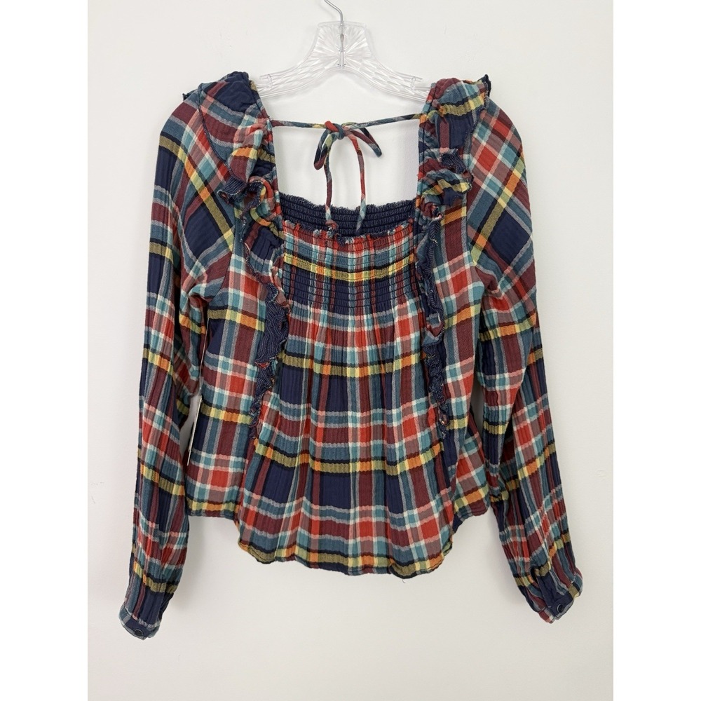 We the FREE PEOPLE New Siena Plaid Pullover TOP Small Babydoll Teal Country $118 - Picture 12 of 16